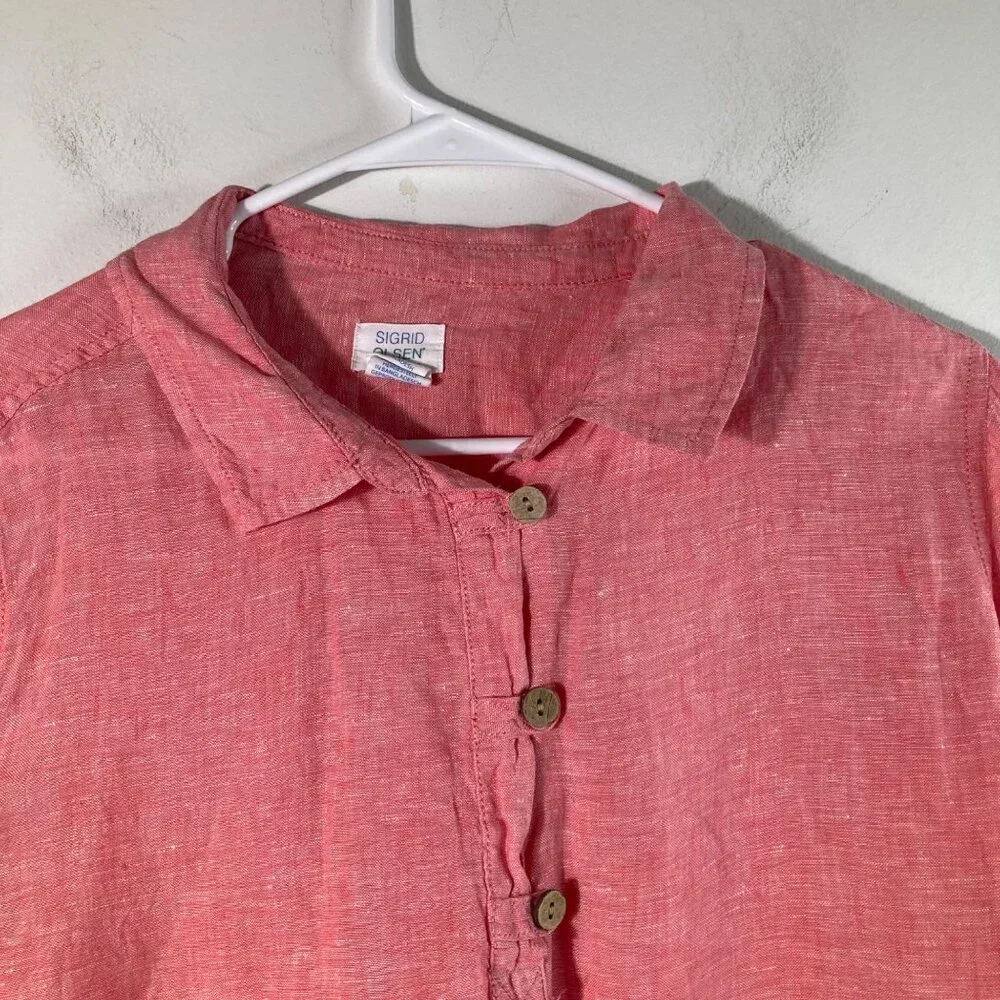 Womens Sigrid Olsen Linen V Neck Pullover 1/4 Button Tunic Peach L Roll Tab Slee - Picture 4 of 9